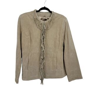 Vtg 80's Pamela McCoy Native American Fringed Leather Shacket Jacket Tan Sz L